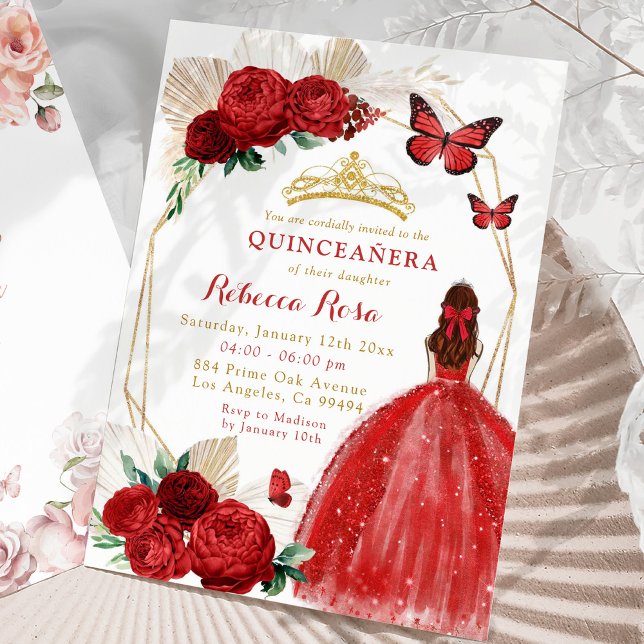 Boho Geometric Guld och Röd ros Quinceañera Inbjudningar (Skapare uppladdad)