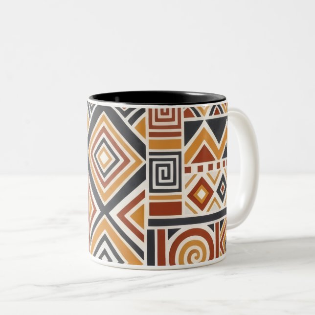 "Boho Geometric Pattern Mug, Earthy Tones Cup Två-Tonad Mugg (Framsida höger)