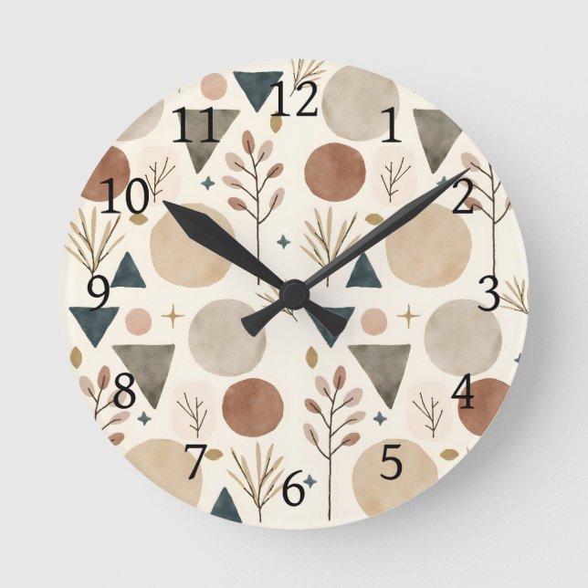 Boho Geometrisk Botanisk Mönsterdesign 385 Rund Klocka (Framsida)