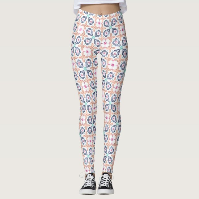 Boho Geometrisk Broderimönster Blommig Sömlös Leggings (Framsida)
