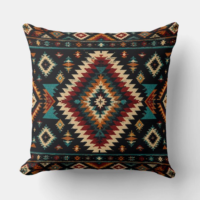 Boho Geometrisk Textilmönster – Rustik Teal & Rost Kudde (Framsida)
