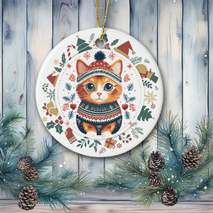 Boho Ginger Cat i Teal Winter Sweater jul Julgransprydnad Keramik