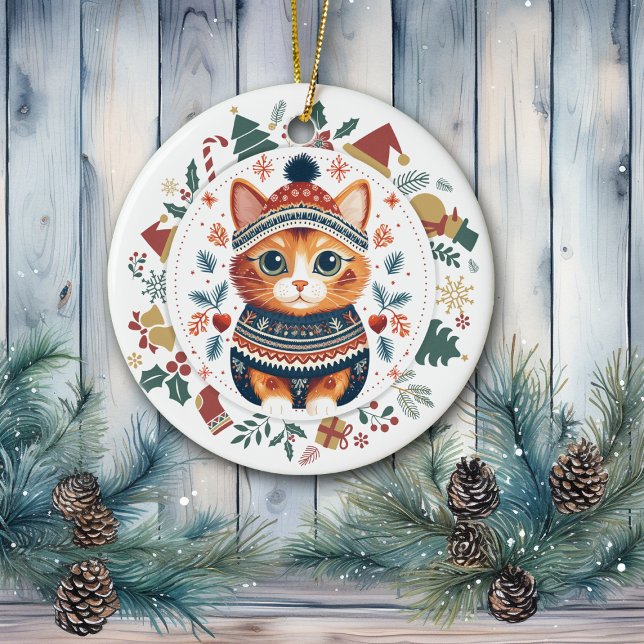 Boho Ginger Cat i Teal Winter Sweater jul Julgransprydnad Keramik (Skapare uppladdad)