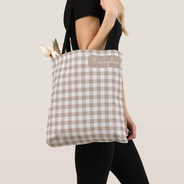 Boho Gingham Mönster Rutig Schackrutig Neutral Nam Tygkasse (Närbild)