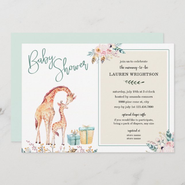 Boho Giraffe Baby Shower neutralt gender inbjudan (Fram/baksida)