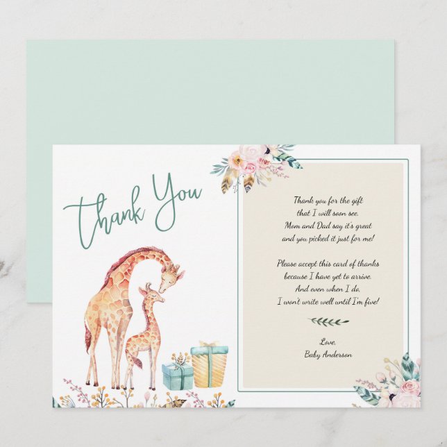 Boho Giraffe Baby Shower tackkort dikt Inbjudningar (Fram/baksida)