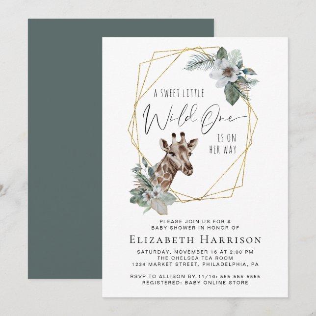 Boho Giraffe Blommigt Watercolor Baby Shower Inbjudningar (Fram/baksida)