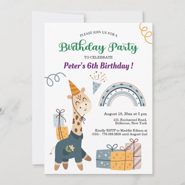Boho Giraffe Blue Rainbow 6e Birthday Inbjudningar (Framsida)