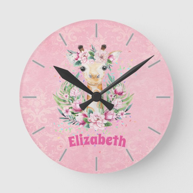 Boho Giraffe Flowers Named Girls, Tonåringars Gift Rund Klocka (Framsida)