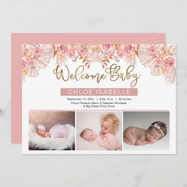 Boho Girl 3 Photo Pampas Grass | Ro Blommigt Birth Meddelande (Fram/baksida)