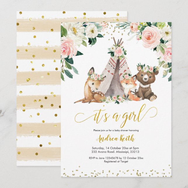 Boho Girl Blommigt Woodland Baby Shower-inbjudan Inbjudningar (Fram/baksida)