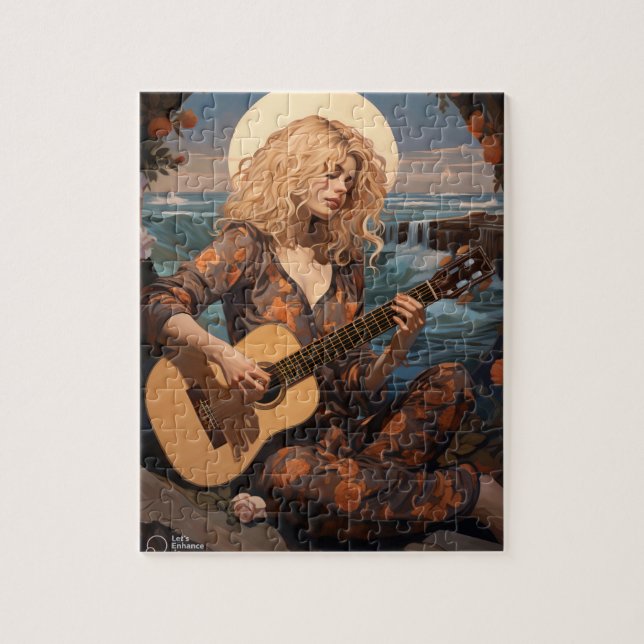 Boho Girl spelar gitar på natten Pussel (Vertikal)