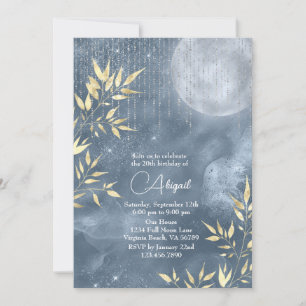 Boho Glam Blue, Silver, Guld Full Moon Birthday Inbjudningar