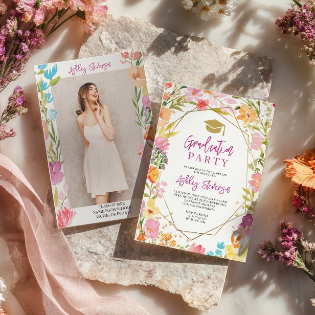 Boho glitter floral watercolor photo graduation inbjudningar (Boho glitter floral watercolor photo graduation invitation)