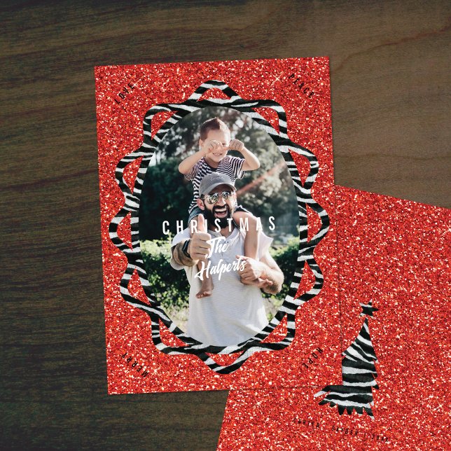 Boho Glitter & Zebra tryck Oval Photo jul Julkort (Skapare uppladdad)