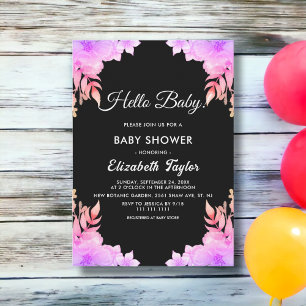 Boho Glow Neon Färg Black Blommigt Baby Shower Inbjudningar
