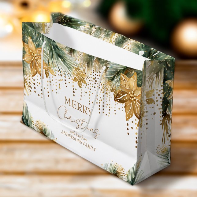 Boho God jul guld poinsettia (Boho Merry Christmas gold poinsettia pines personalized Large Gift Bag)