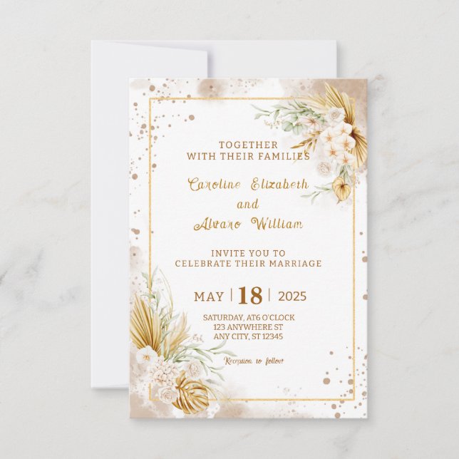 Boho Gold Glitter Pampas Grass & Orchid Wedding  Inbjudningar (Framsida)