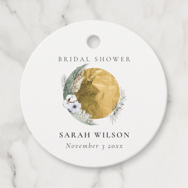 Boho Gold Saga Grön Blommig Krans Bröllopsfest  Gåvor Etiketter (Framsida)