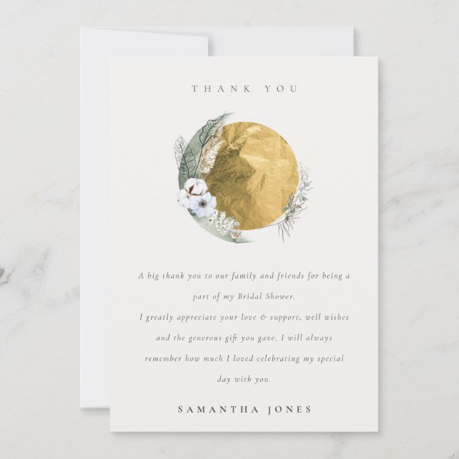 Boho Gold Saga Grön Blommig Krans Bröllopsfest Tack Kort (Framsida)