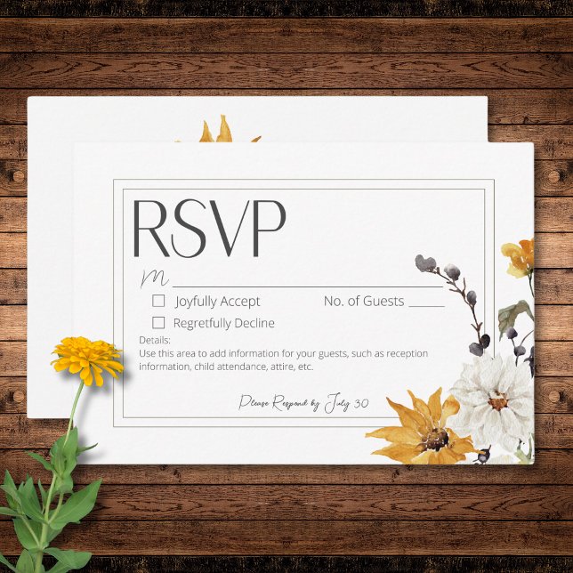Boho Golden Gult Meadow Flower White No Middag OSA Kort (Boho Golden Yellow Meadow Flower White No Dinner RSVP Card)