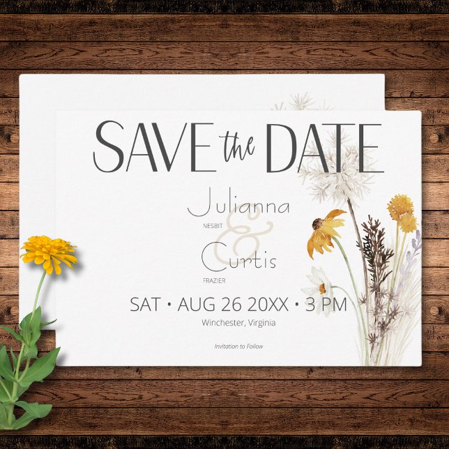 Boho Golden Gult Meadow Flowers Bröllop Spara Datumet (Boho Golden Yellow Meadow Flowers Yellow RSVP Card)