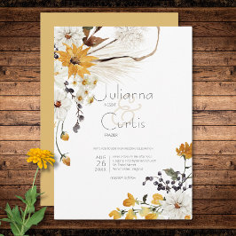 Boho Golden Gult Meadow Flowers Guld Bröllop Inbjudningar