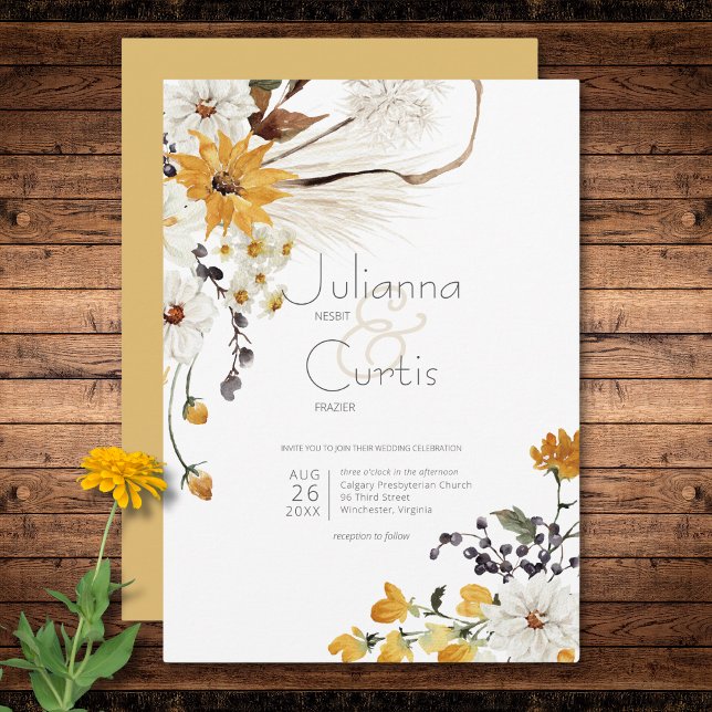 Boho Golden Gult Meadow Flowers Guld Bröllop Inbjudningar (Boho Golden Yellow Meadow Flowers Gold Wedding Invitation)