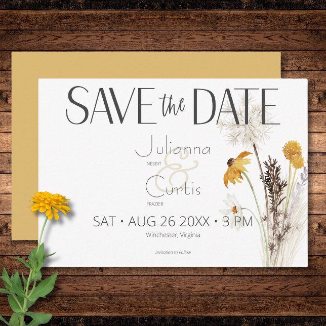 Boho Golden Gult Meadow Flowers Guld Bröllop Spara Datumet (Boho Golden Yellow Meadow Flowers Gold Wedding Save The Date)
