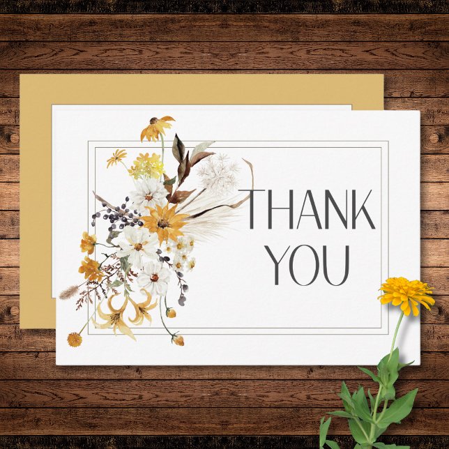 Boho Golden Gult Meadow Flowers Guld Bröllop Tack Kort (Boho Golden Yellow Meadow Flowers Gold Wedding Thank You Card)