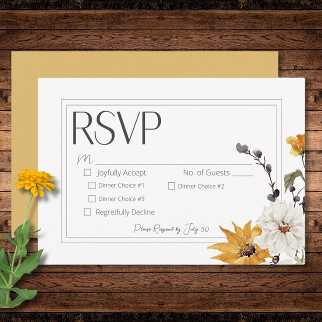 Boho Golden Gult Meadow Flowers Guld Middag OSA Kort (Boho Golden Yellow Meadow Flowers Gold Dinner RSVP Card)