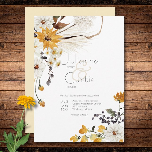 Boho Golden Gult Meadow Flowers Gult Bröllop Inbjudningar (Boho Golden Yellow Meadow Flowers Yellow Wedding Invitation)