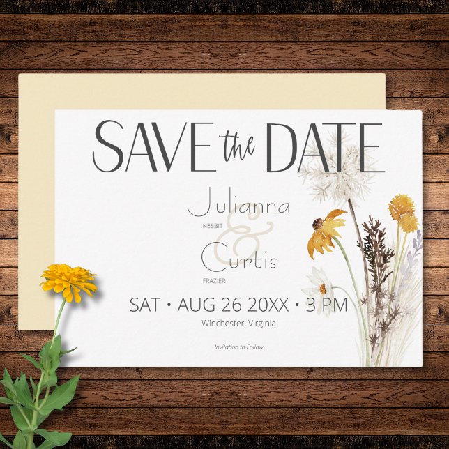 Boho Golden Gult Meadow Flowers Gult Bröllop Spara Datumet (Boho Golden Yellow Meadow Flowers Yellow Wedding Save The Date)
