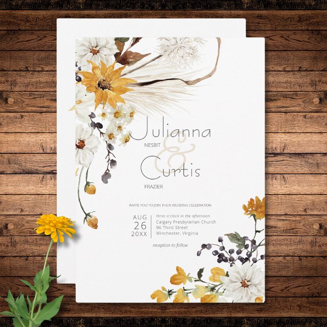 Boho Golden Gult Meadow Flowers White Bröllop Inbjudningar (Boho Golden Yellow Meadow Flowers White Wedding Invitation)