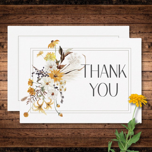 Boho Golden Gult Meadow Flowers White Bröllop Tack Kort (Boho Golden Yellow Meadow Flowers White Wedding Thank You Card)