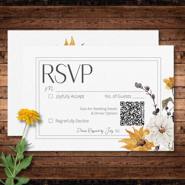 Boho Golden Gult Meadow Flowers White QR Code OSA Kort (Boho Golden Yellow Meadow Flowers White QR Code RSVP Card)