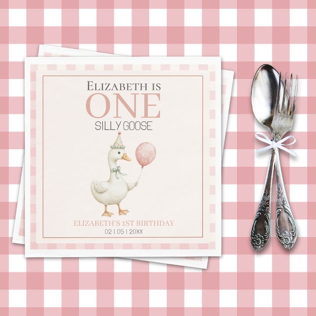 Boho Goose Birthday – Pink Balloon & Tartan Pappersservett (Skapare uppladdad)