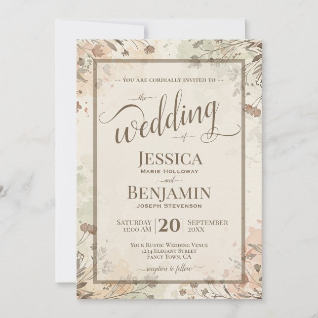 Boho Grasses & Wildflowers Stylish Script Wedding Inbjudningar (Framsida)