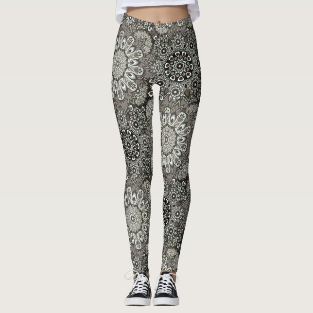 Boho Grått Black Mandala Mönster Leggings (Framsida)