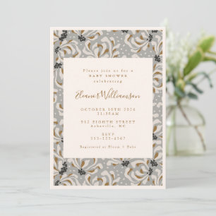 Boho Grått Guld Blommigt Botanical Baby Shower Inbjudningar