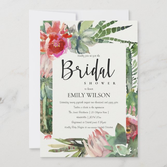 BOHO GRÅTT ROSA BLOMMIGT CACTI FOLIAGE MÖHIPPA INBJUDNINGAR (Framsida)