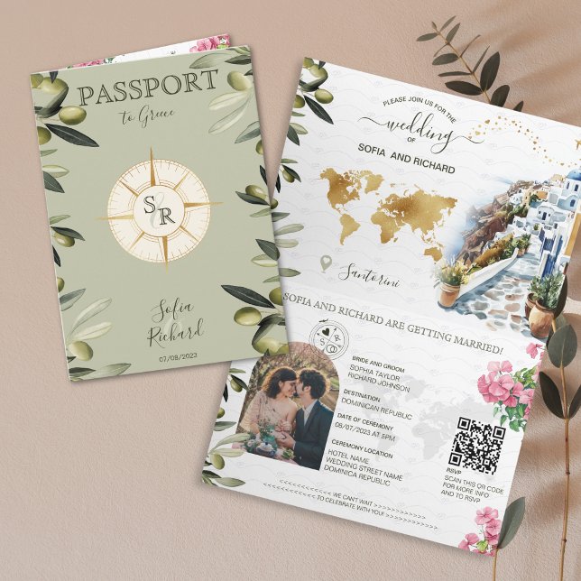Boho Greece Destinationsbröllop Pass QR Kod I Inbjudan (greece passport wedding invitation with olive branches and santorini watercolor illustration)