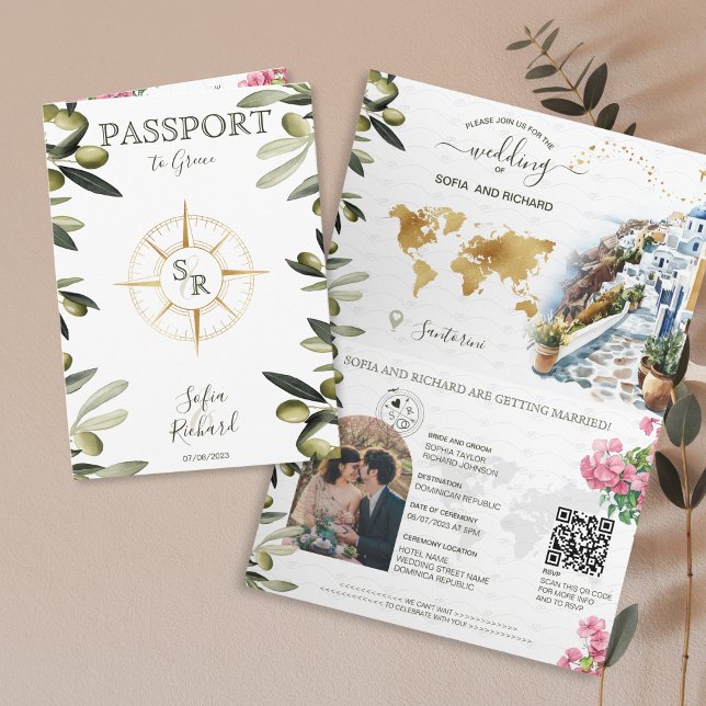 Boho Greece Destinationsbröllop Pass QR-kod Inbjudan (greece passport wedding invitation with olive branches and santorini watercolor illustration)
