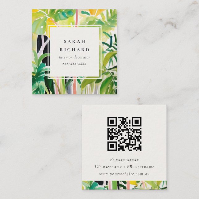 Boho Green Tropical Leaf Foliage Botanical QR Code Fyrkantigt Visitkort (Fram/baksida)