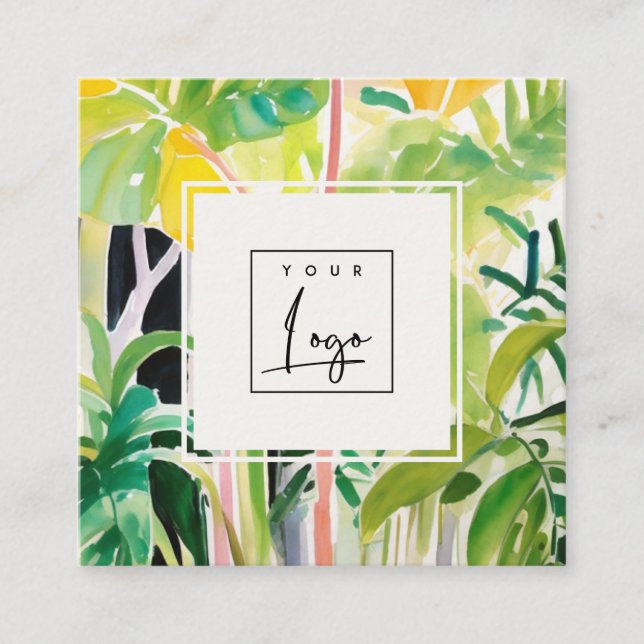 Boho Green  Tropical Leafy Foliage Botanical Logo Fyrkantigt Visitkort (Framsida)
