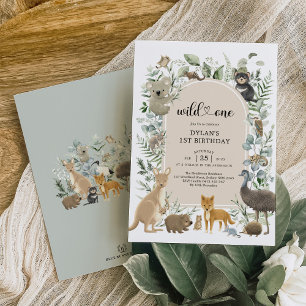 Boho Greenery Australiska Djur Wild One Födelsedag Inbjudningar