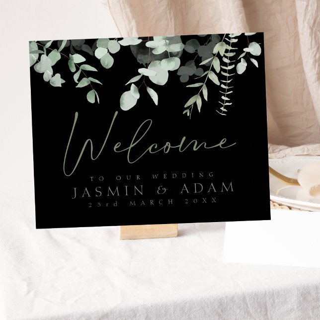 Boho Greenery Black Eucalyptus Bröllop Sign Poster (Skapare uppladdad)