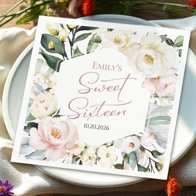 Boho Greenery Blommigt Ram Sweet 16 Pappersservett (Skapare uppladdad)