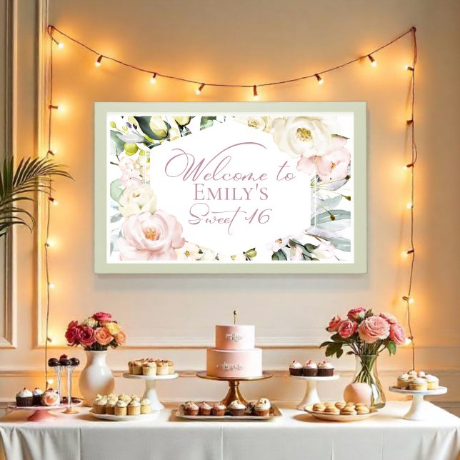 Boho Greenery Blommigt Ram Sweet 16 Välkomstbander Poster (Skapare uppladdad)