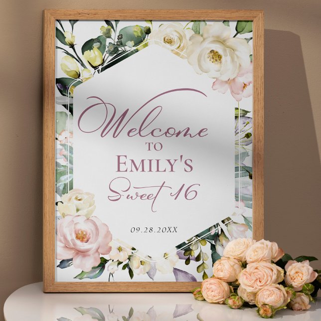 Boho Greenery Blommigt Ram Sweet 16 Välkomstskylt Poster (Skapare uppladdad)